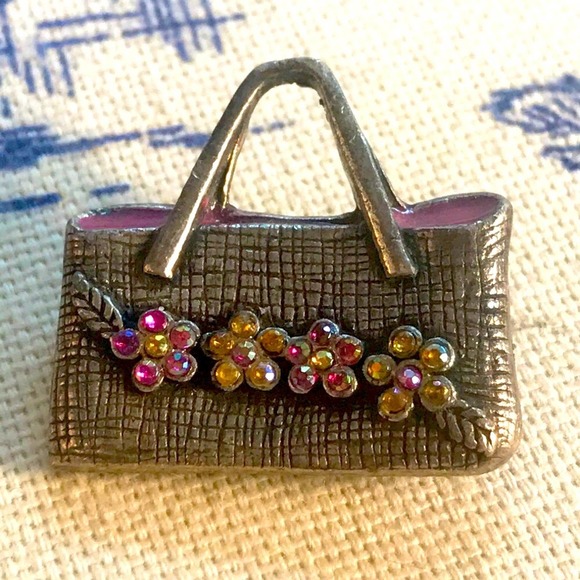 LOT of 3 VINTAGE Brooches in Pink & Blue Cherries/Handbag/and Heels/Rhinestones - Picture 9 of 12